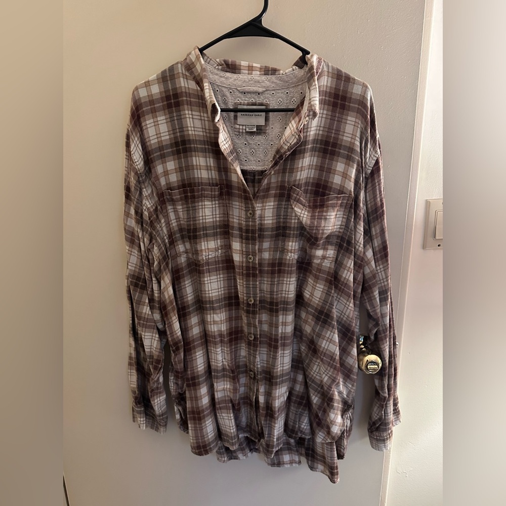 AE Brown and Cream Plaid Button Up